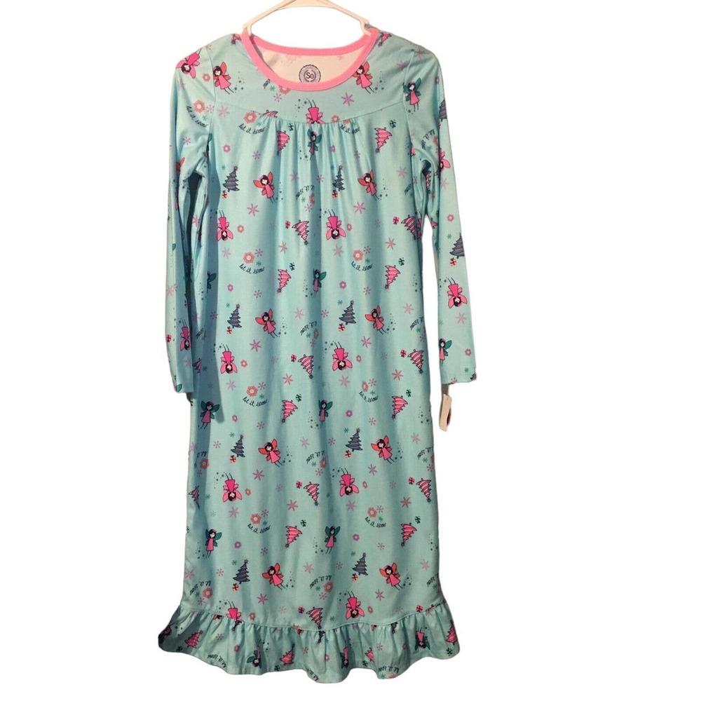 So Blue Kids Holiday Night Gown Size L (12) Blue Pink Angel Print Granny